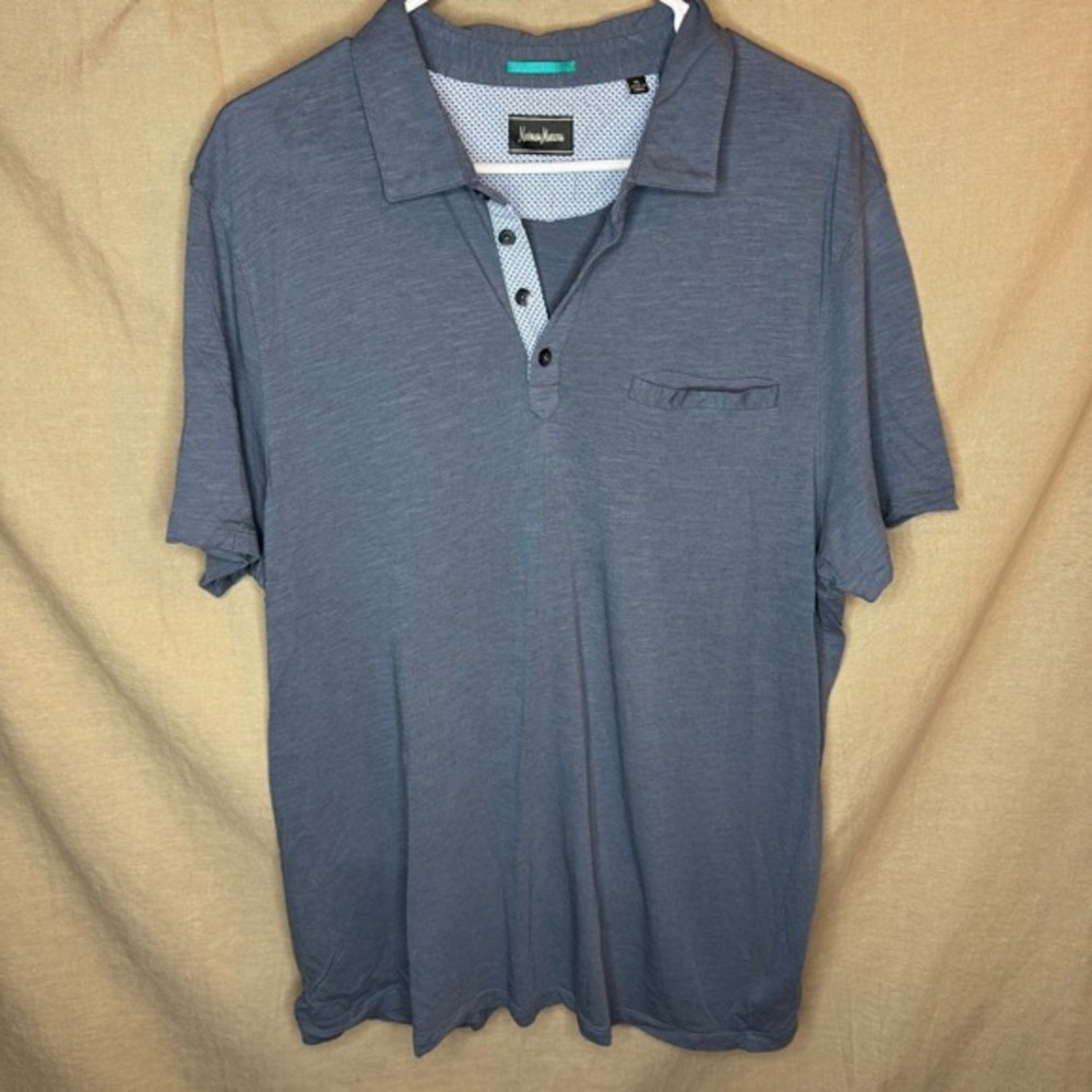 Neiman Marcus Mens XL Blue Slub Jersey Short Sleeve Polo Shirt Chest Pocket‎